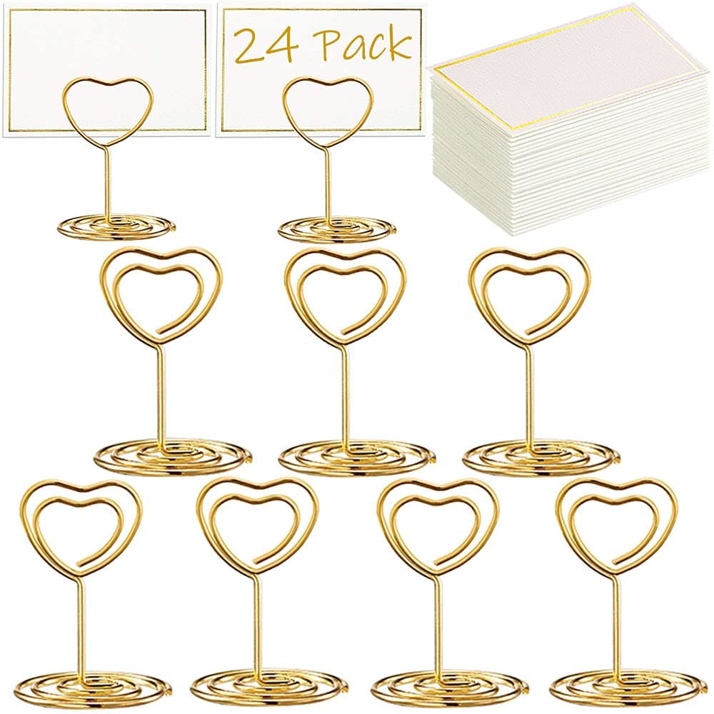 24 Pcs Mini Place Card Holders and 24 Pcs Place Cards with Gold Foil Border, Table Number Stand with Heart Shape, Table Card Holder Photo Picture Holder Memo Menu Clips for Wedding, Birthday