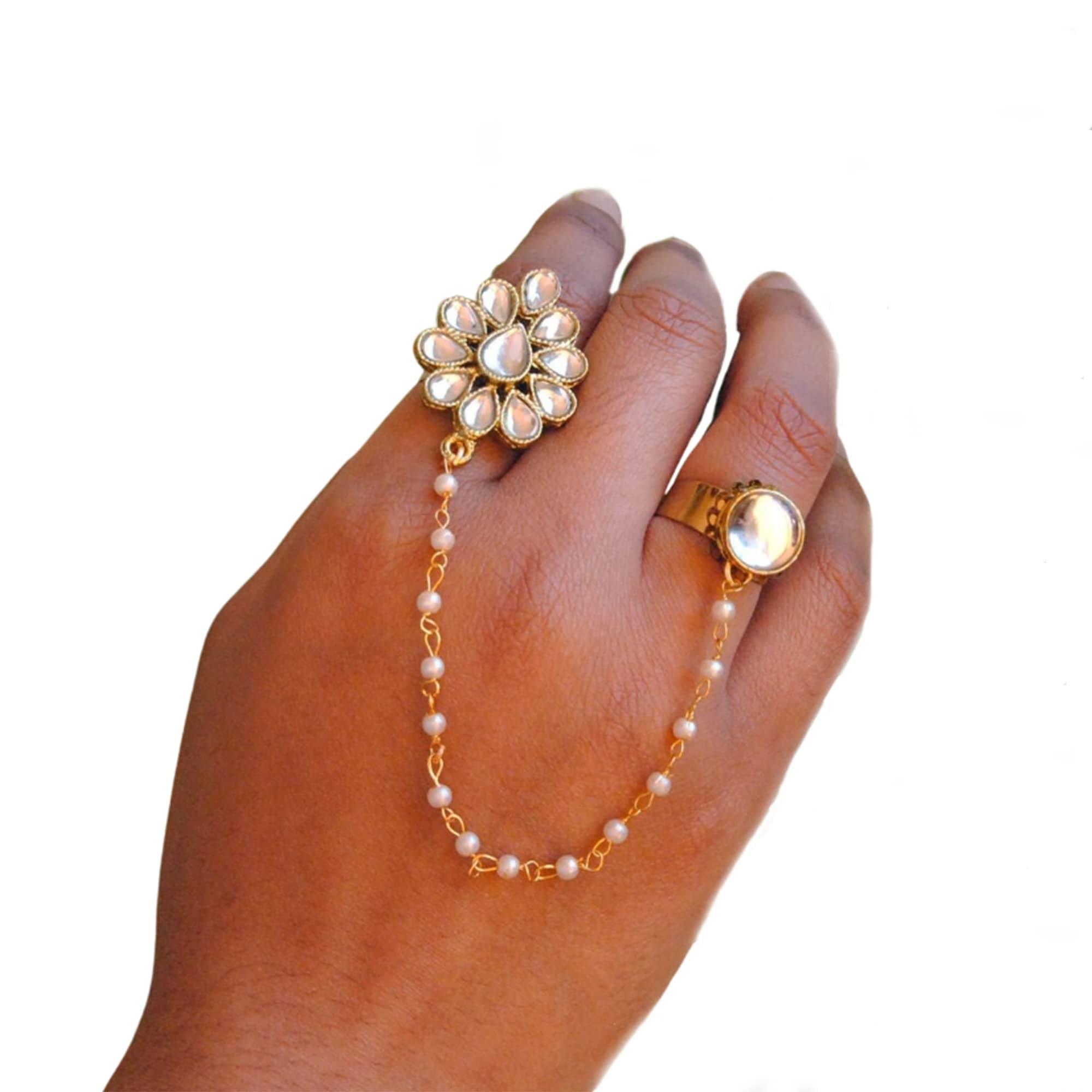 White Round Kundan Ring With Kundan Flower 2 Finger Ring Adjustable Indian Tradtional Two Finger Indian Punjabi Wedding Jewelry Easy To Wear