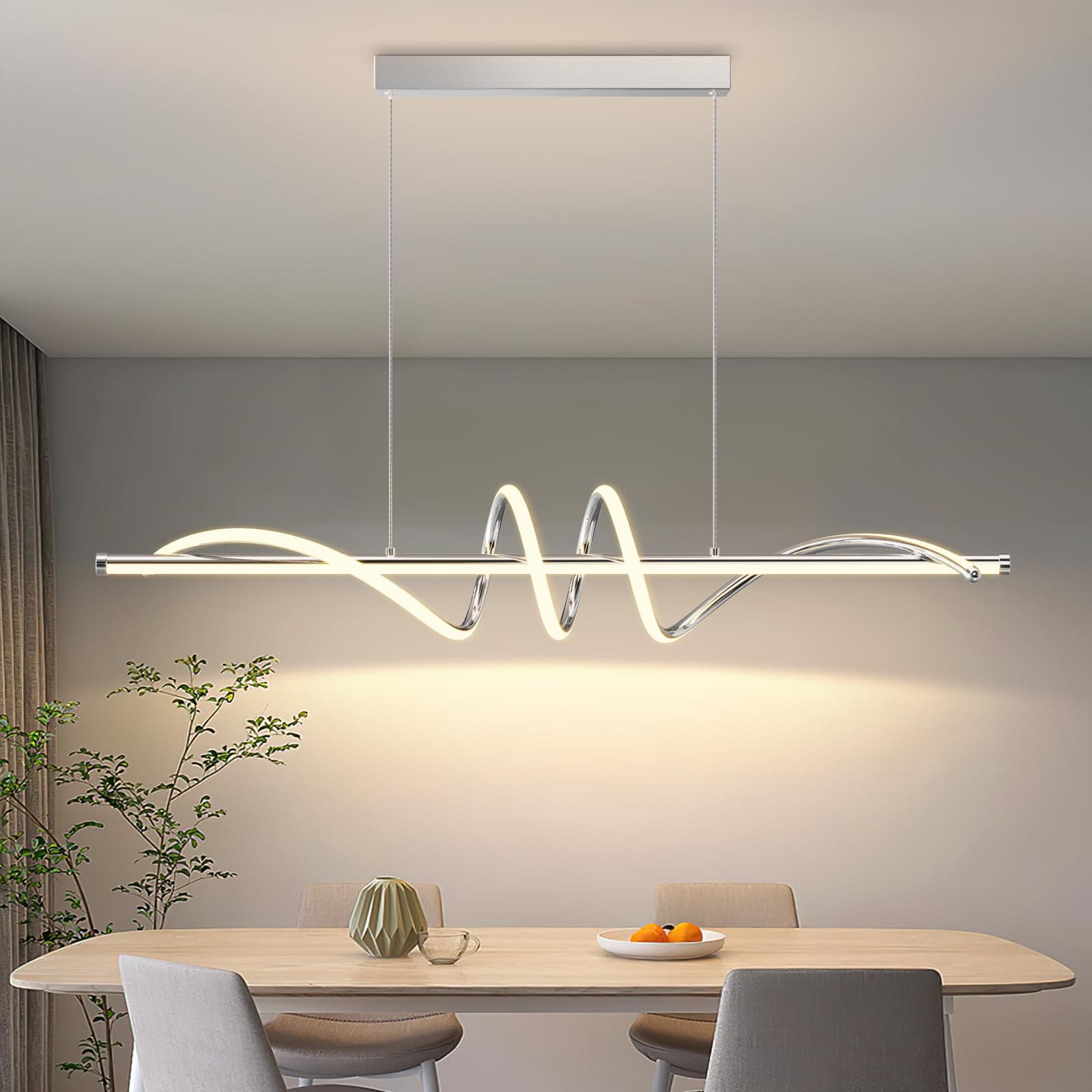 Modern Pendant Light Kitchen Island 39in Dimmable Hanging Lamp 3000k-6000K Adjustable Warm/Nautral/White with Remote Control, Kitchen Island Lighting Chrome Silver