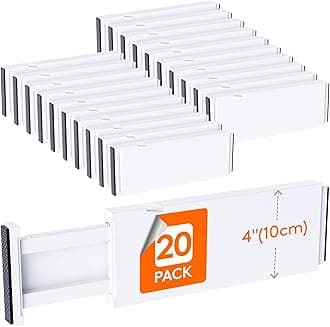 Lifewit 20 Pack Drawer Dividers 4" High, 11-17" Adjustable Dresser Drawer Organizers for Clothes, Expandable Dresser Separators in Bedroom/Bathroom/Kitchen/Vanity/Office Organization and Storage,White