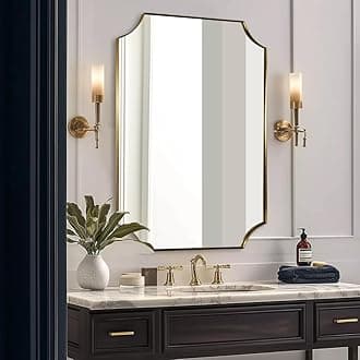 ANDY STAR 30x40 Inch Brushed Gold Mirror, Gold Scalloped Bathroom Mirror, Unique Rectangle Mirror in Never-Rust Stainless Steel Metal Frame, Wall Mount Vertical or Horizontal