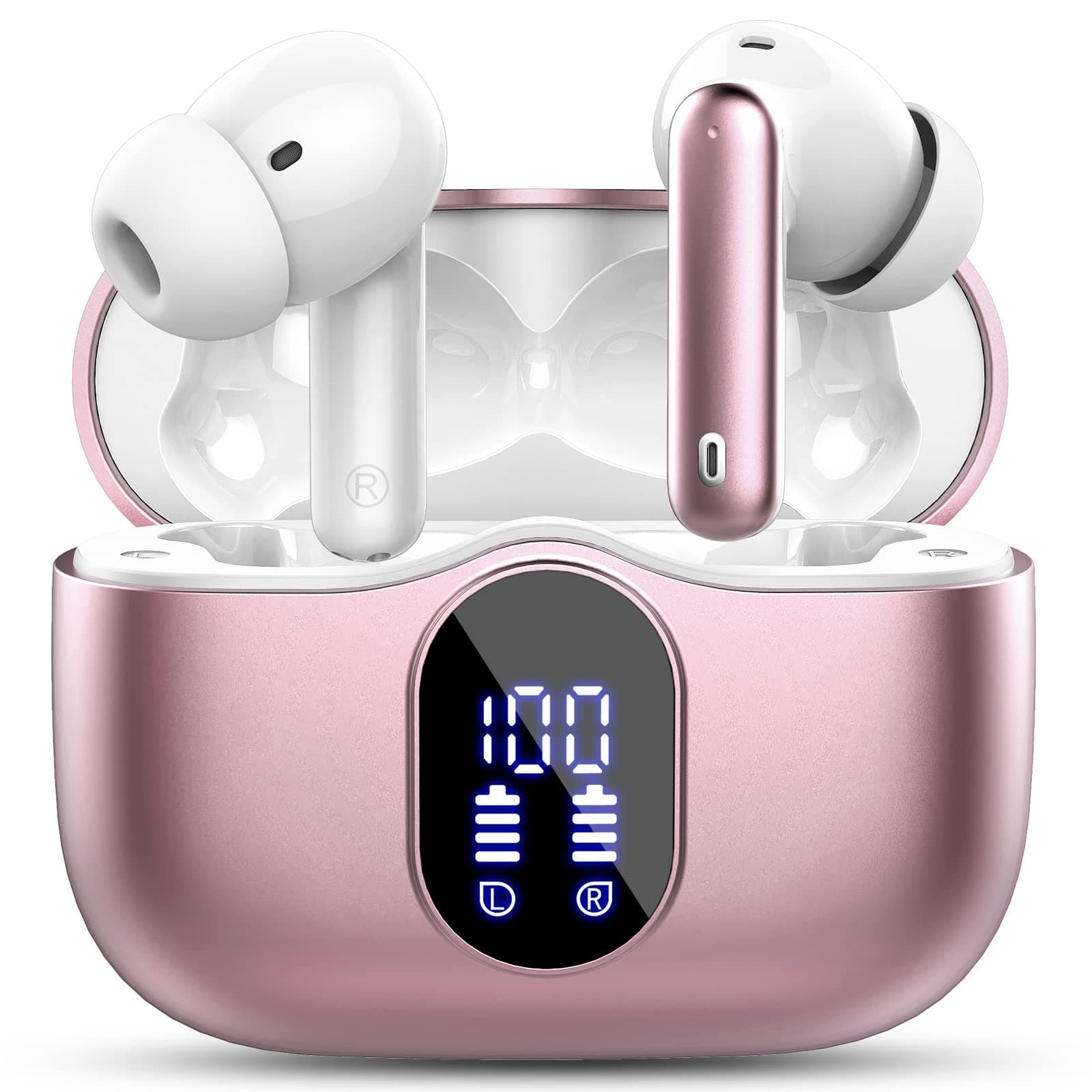 Wireless Earbuds,Bluetooth 5.4 Headphones In Ear with 4 ENC Noise Cancelling Mic,LED Display 2026 Bluetooth Earbuds Mini Deep Bass Stereo Sound,36H Playtime,Wireless Earphones IP7 Waterproof,Rose Gold