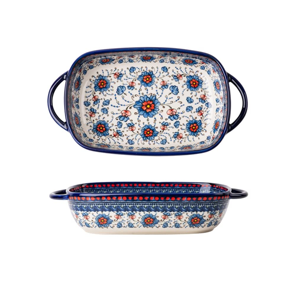 Blue and Orange Flower Vintage Style Ceramic Bakeware Casserole Dish Baking Pan Lasagna Pans Baking Dish with Handles for Oven/Cooking/Kitchen-1 PCS-24 OZ