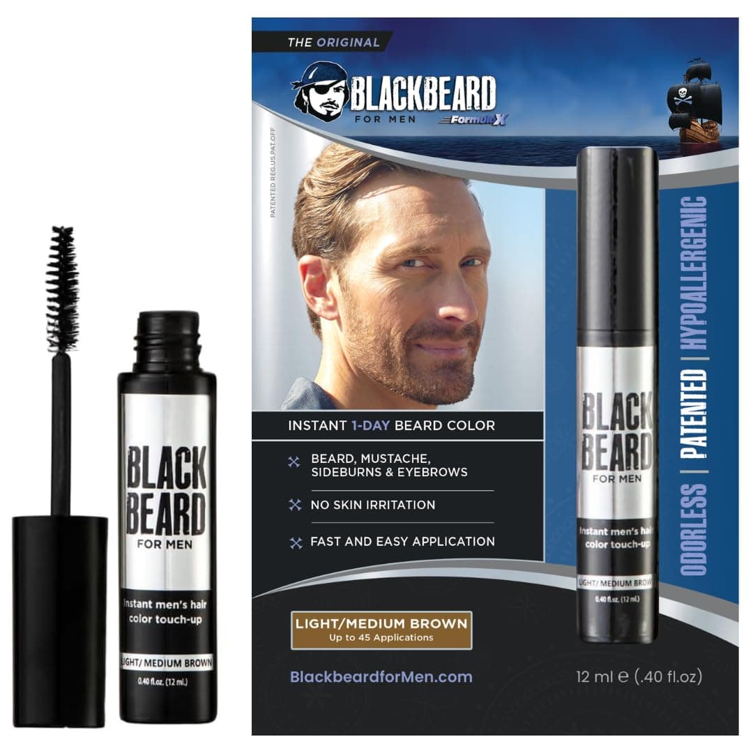 Blackbeard for Men Beard Color – 1-Day Beard, Mustache, Eyebrow, Sideburns Color – Temporary Facial Hair Tint - Hypoallergenic Beard Dye Alternative – Up to 45 applications– Light/Medium Brown, 1 Pack