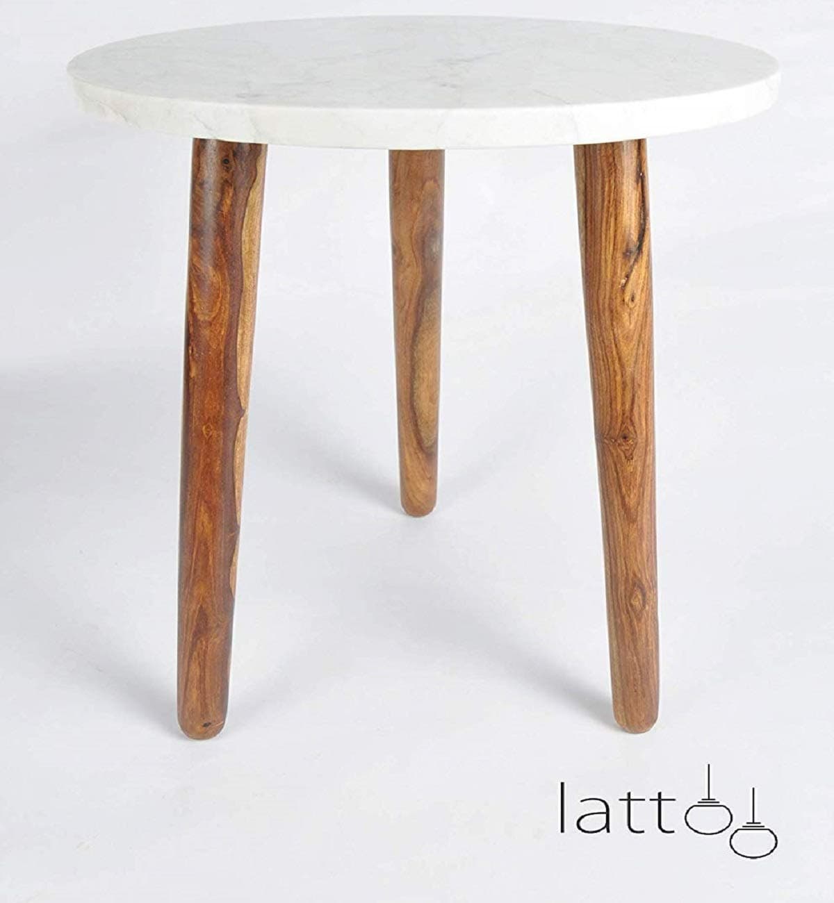 Lattoo White Marble and Sheesham Wood Round Shape Bed Side End Table for Living Room | Three Legs Table