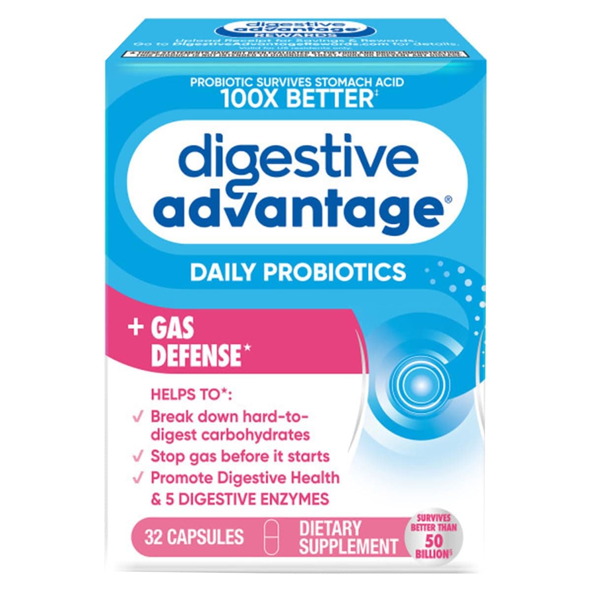 Digestive Advantage Fast Acting Enzymes + Daily Probiotic Prevent Gas & Break Down Food Particles 32 Count Capsules