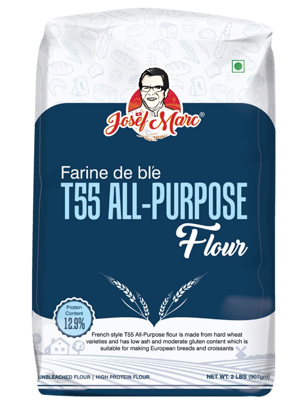 Josef Marc Farine De Ble T55 All Purpose Baking Flour 2 LBS (907g) - Unbleached & High Protein Flours, Type 0 Italian Flour, Bread Flour.