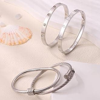Camhanno Stainless Steel Bangle Bracelet Set for Women - Silver/Gold Love Bangle Non Tarnish Jewelry with Sparkling Crystal Inlay for Love Gifts