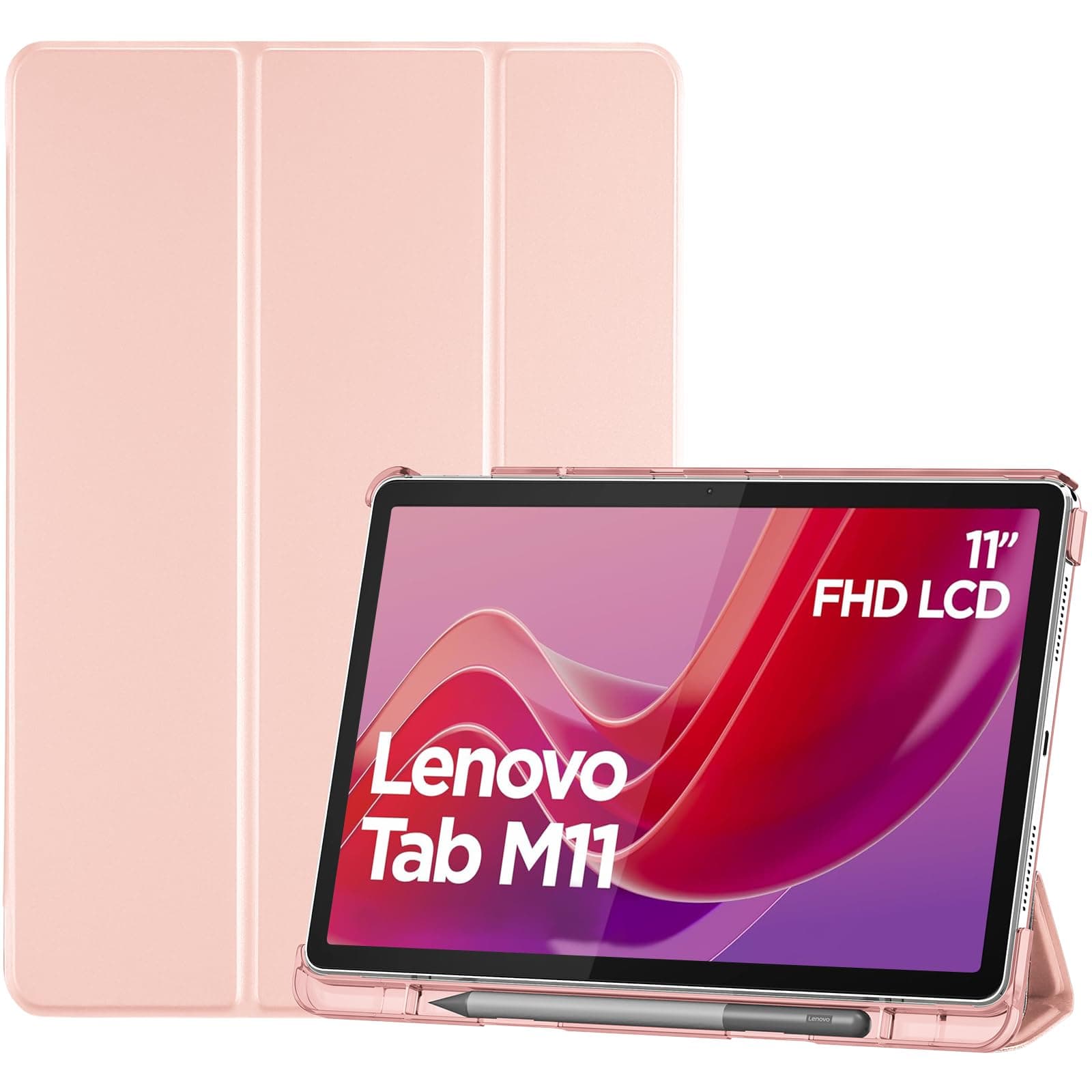 ProCase Smart Case for Lenovo Tab M11/Tab K11 LTE 11" 2024 TB330FU with Pen Holder, Slim Stand Tri-Fold Hard Shell Protective Tablet Cover Translucent Back Case Support Auto Wake/Sleep -Lightpink