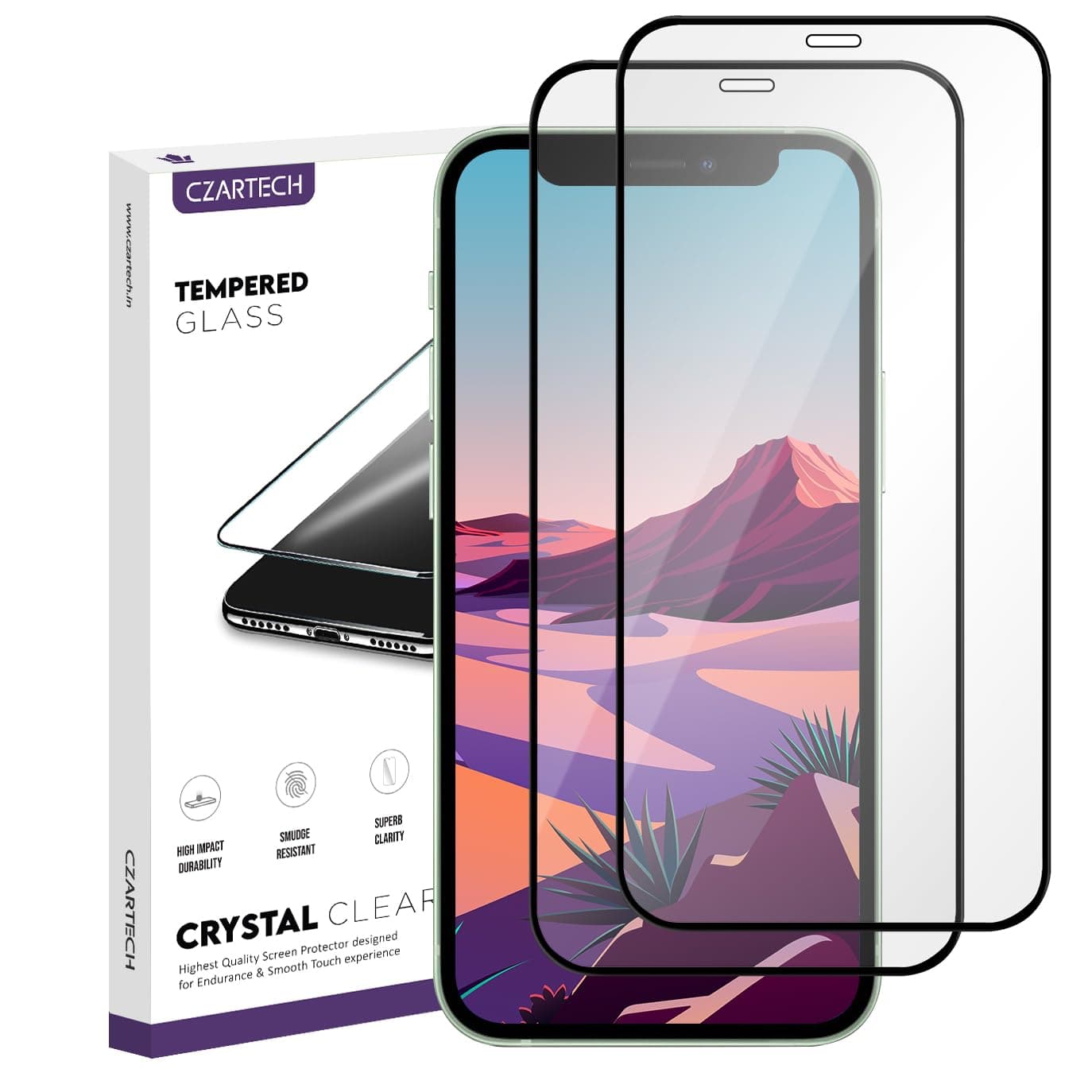 CZARTECH (2-Pack Tempered Glass Screen Guard Protector for iPhone 12 Mini Edge To Edge Full Coverage with Easy Cleaning Kit