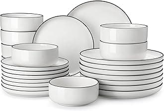 MALACASA 24 Pieces Modern Porcelain Dinner Sets for 8 People, Ivory White Plates and Bowls Sets with Black Rim, Kitchen Crockery Set Ceramic Dinnerware Sets, Microwave Dishwasher Safe, Series Luna