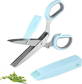 Gourmet Herb Scissors Set - Master Culinary Multipurpose Cutting Shears with Stainless Steel 5 Blades, Safety Cover and Cleaning Comb for Cutting Cilantro Onion Salad (blue-grey)