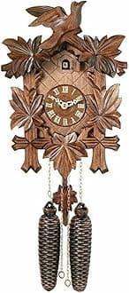 Traditional German Cuckoo Clock with Five Hand-Carved Maple Leaves and One Bird, 14-Inch Tall