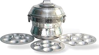 Anodised Aluminium Idly Maker/Idli Maker/satti/Steamer/Boiler/Cooker/Panai Weight 2.8 kg big size with 3 plate 25 idly hand made minor scratches to be expected, Silver