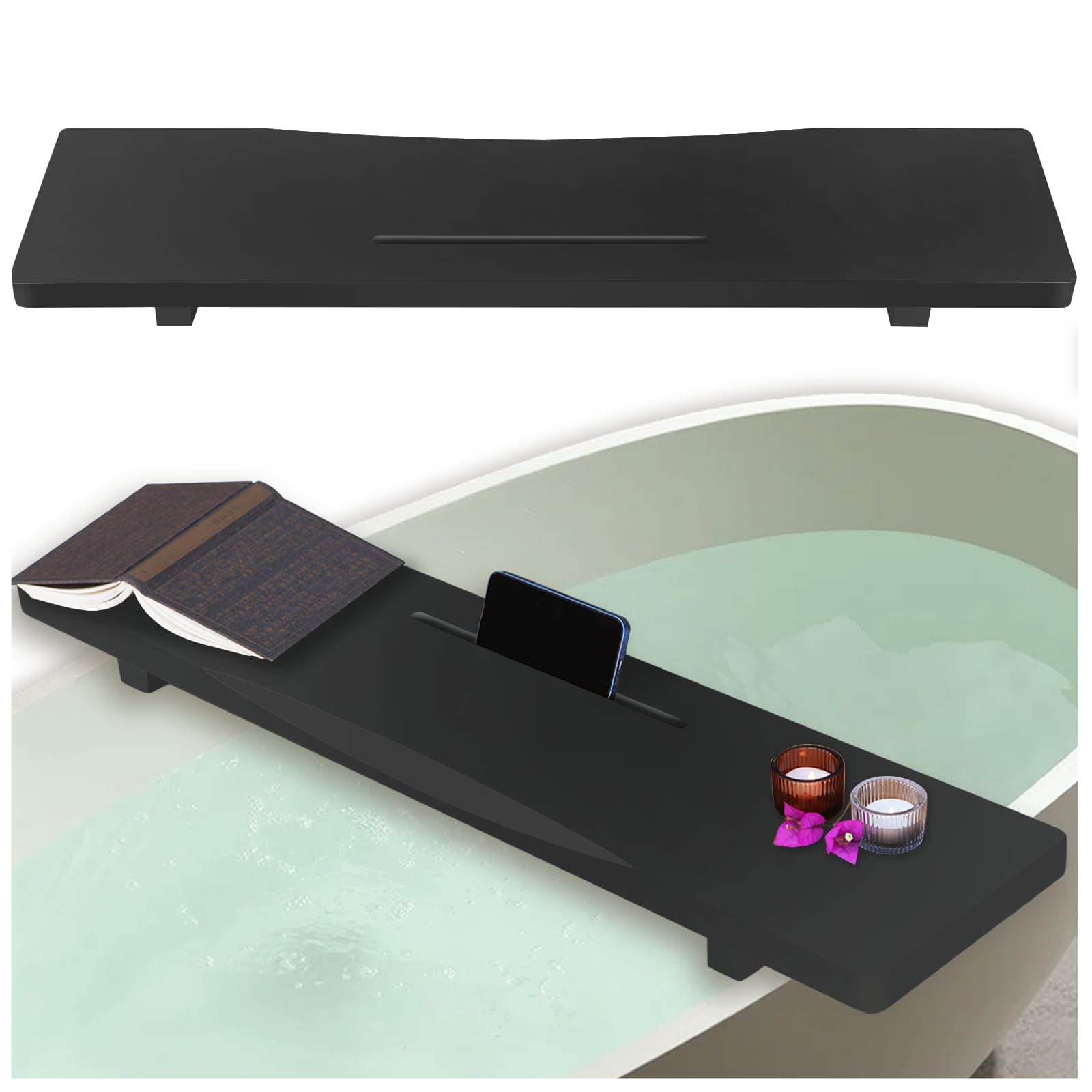 Stylish Black Bamboo Bathtub Tray Caddy with Adjustable Legs, Minimalistic Design Bath Tray for Tub, Bathtub Accessories, Fits Most Free Standing Bath Tubs, Idea for Women