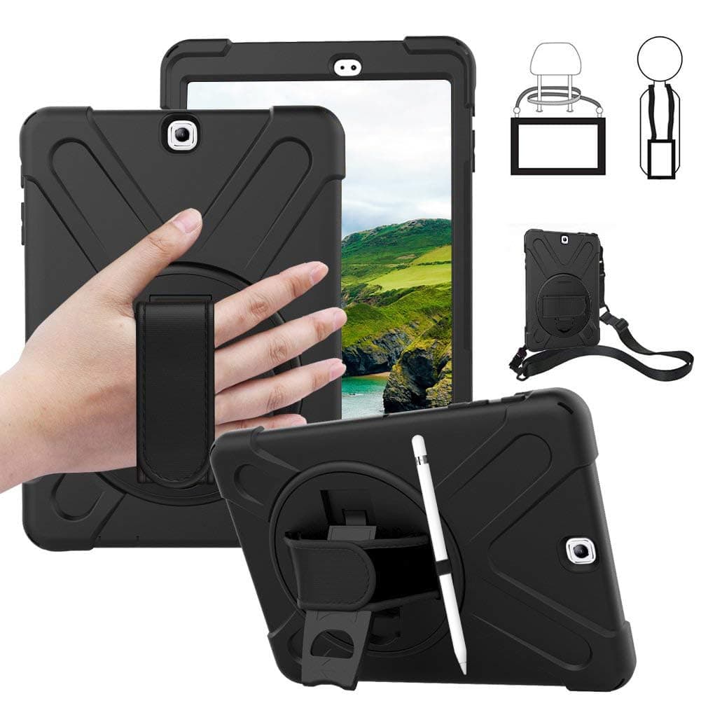 Galaxy Tab S2 9.7 Case - Dropproof Shockproof Heavy Duty Tablet Cover Rotatable Kickstand Handle Stand Hand Strap Shoulder Belt Carrying Case for Samsung SM-T810/T813/T815/T817/T818/T819 9.7" Black