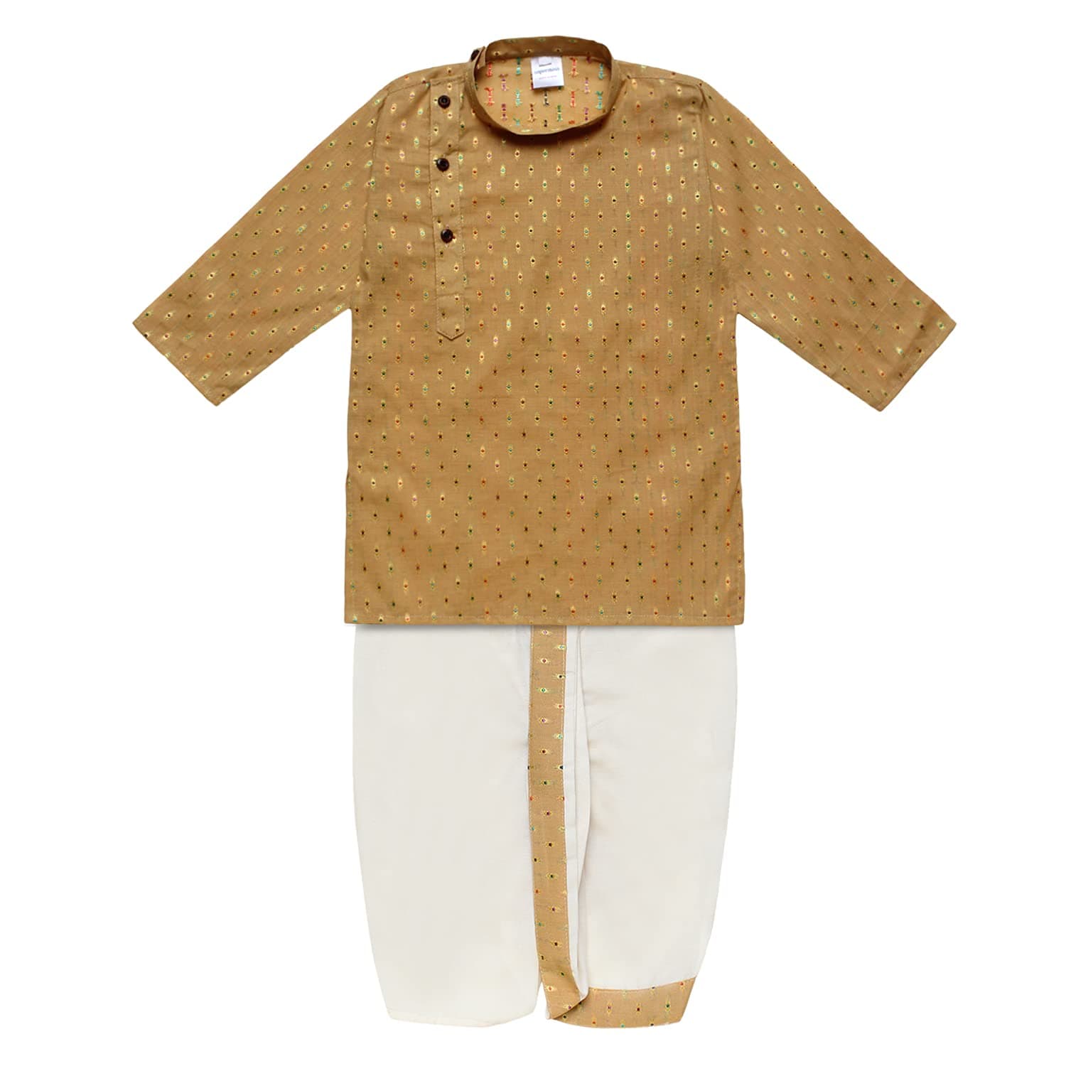superminis Boy's Cotton Kurta with Dhoti - Golden Thread Work, Round Collar, Full Sleeves, Side Button Kurta Set for Ethnic Wear
