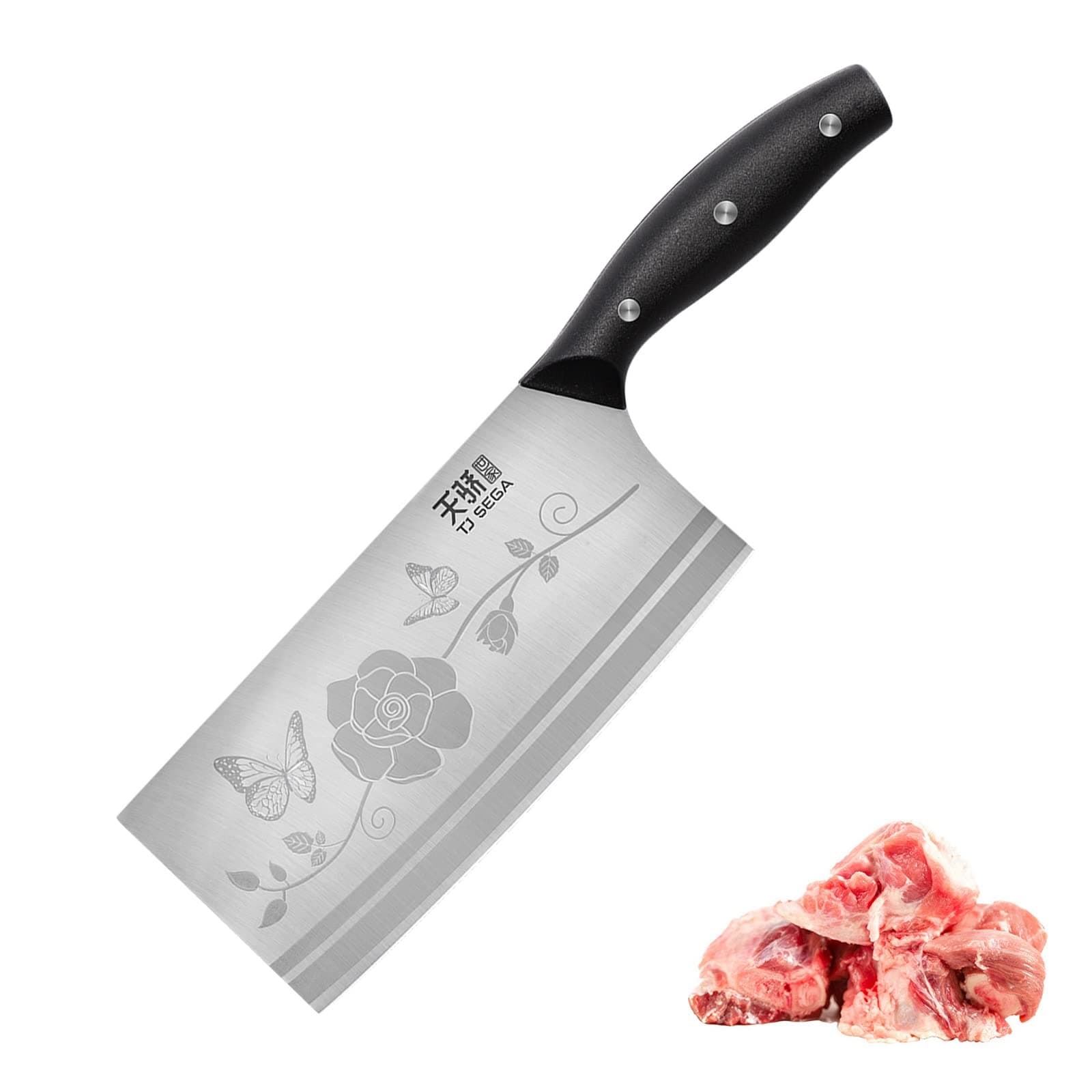 TJ POP Meat Cleaver Knife 7.5 Inch, Ultra Sharp Chinese Chef's Knife, Full Tang Chopping Knife, Classic Chinese Kitchen Knife, High Carbon Stainless Steel Blade Thickness 2.5 mm, TJ SEGA Series TC1705
