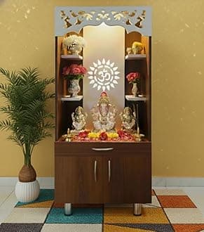Alpine Willow Premium Temple for Home (Pre-Assembled) Pooja Mandir Prayer with LED Light, Storage Display Cabinet I Corian Design I Devghar I Pooja mandir Big Size (Walnut & White, 130X60X35 CM)