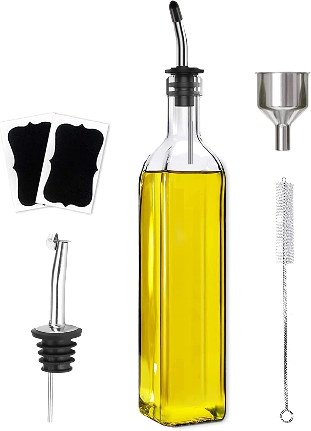 Olive Oil Dispenser Bottle, 1 Pcs Glass Olive Oil Dispenser and Vinegar Dispenser Set with 2 Stainless Steel Pourers, 2 Labels,1 Brush and 1 Funnel Oil Bottles for Kitchen (500ml)