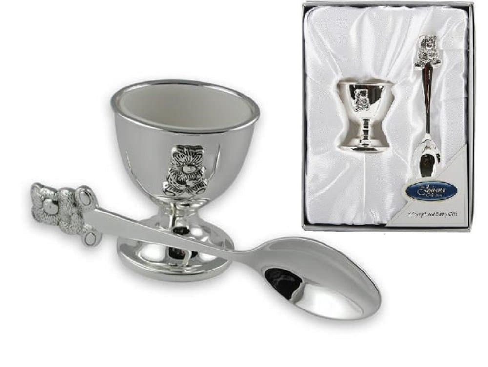 Beautiful Boxed Silver Plated Teddy Bear Egg Cup & Spoon Gift Set for Christening, Baby / Child in Silver Presentation Gift Box.