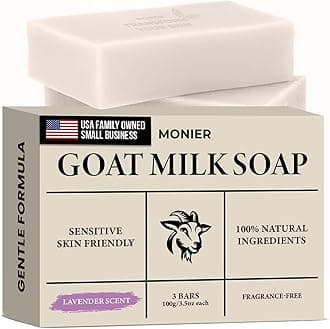 MONIER Goat Milk Soap Bar For Dry & Sensitive Skin - 100% Natural & Organic Skin Care - Enriched with Shea Butter - Use on Face, Body & Hands - For Men, Women, Kids & Baby (Lavender, 3 Pack)