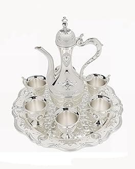 Vintage Turkish Coffee Pot Cups Set with Tray and 6 Cups Retro Coffee Pot Cups Set Exquisite Wine Pot Set Decorative Vintage Tea Service Set for Home Party Decor Silver White
