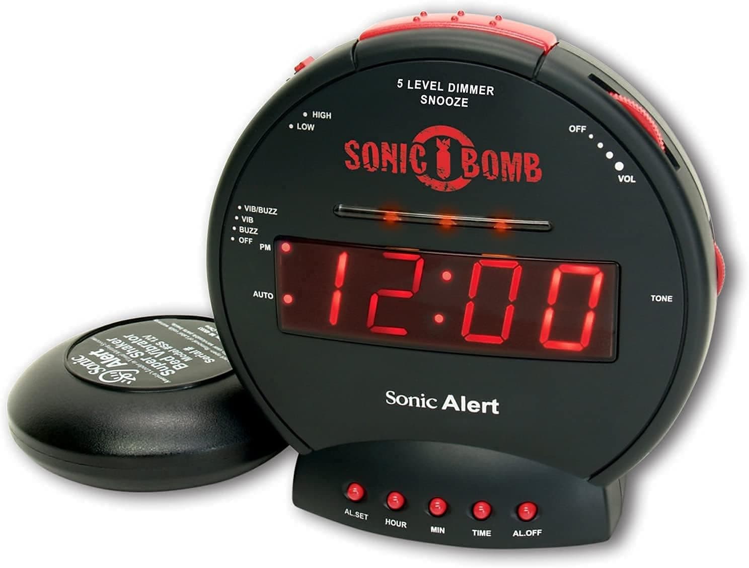 Geemarc Sonic Bomb - Extra Loud Alarm Clock with Tone and Volume Control, Bed Shaker and Snooze Function - For the Hard to Wake, Hard of Hearing and Deaf - UK Version, 25.98 x 51.97 x 38.98 cm