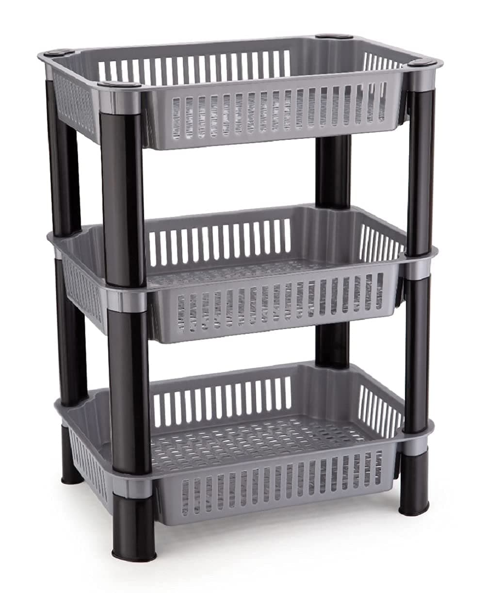 Niralasa Stylish Rack Premium Plastic 3 Steps Kitchen Stand Rack Basket for Office Use, Fruits Onion, Potato, Vegetables and Sabaji Basket, Fruits/Vegetables Kitchen Rack (Square 3 Steps) (Grey)