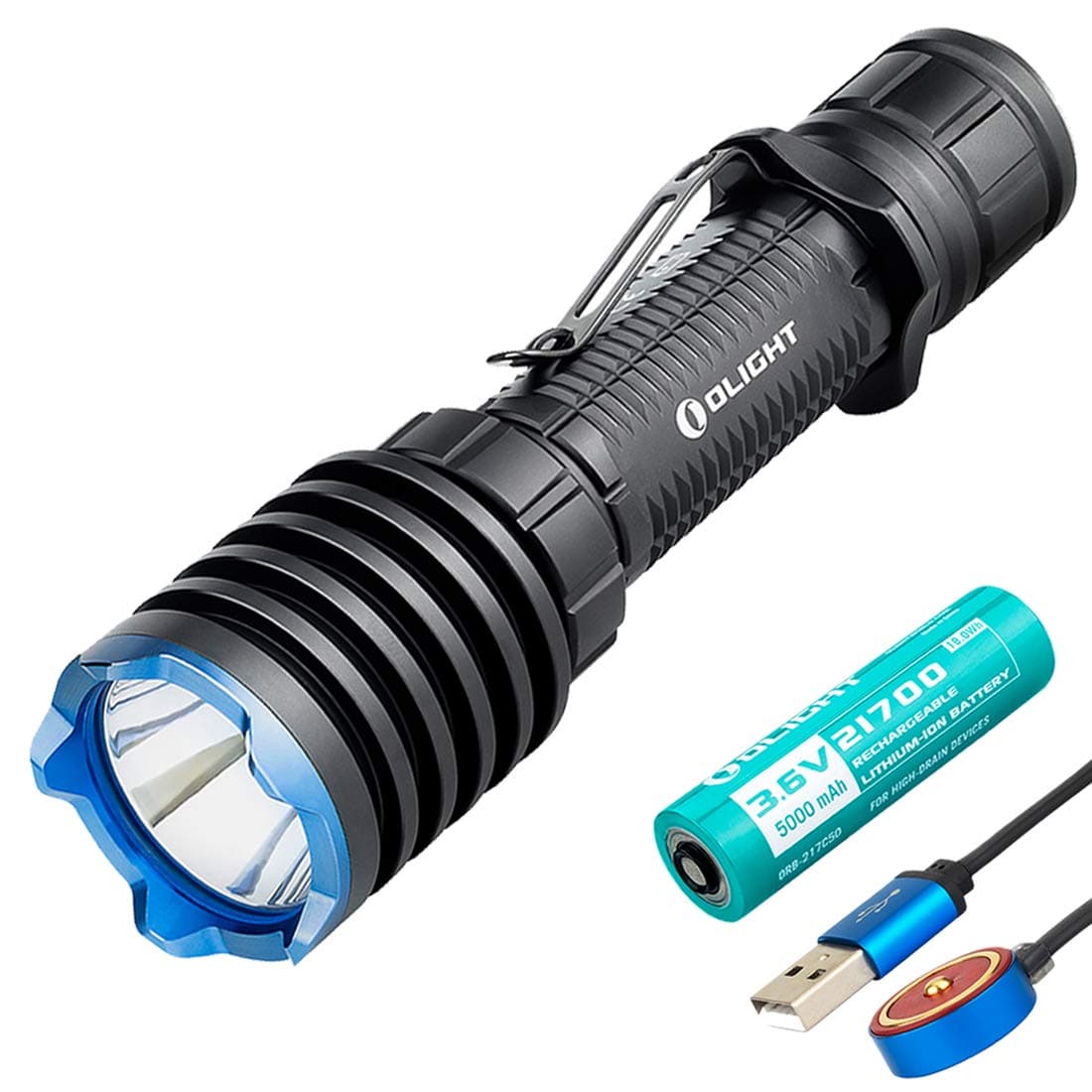 Olight Warrior X Pro 2100 Lumen NW LED 500 Meter Throw Tail Switch Magnetic Rechargeable Tactical Flashlight ,21700 Battery , SKYBEN Battery Box Included (Black)