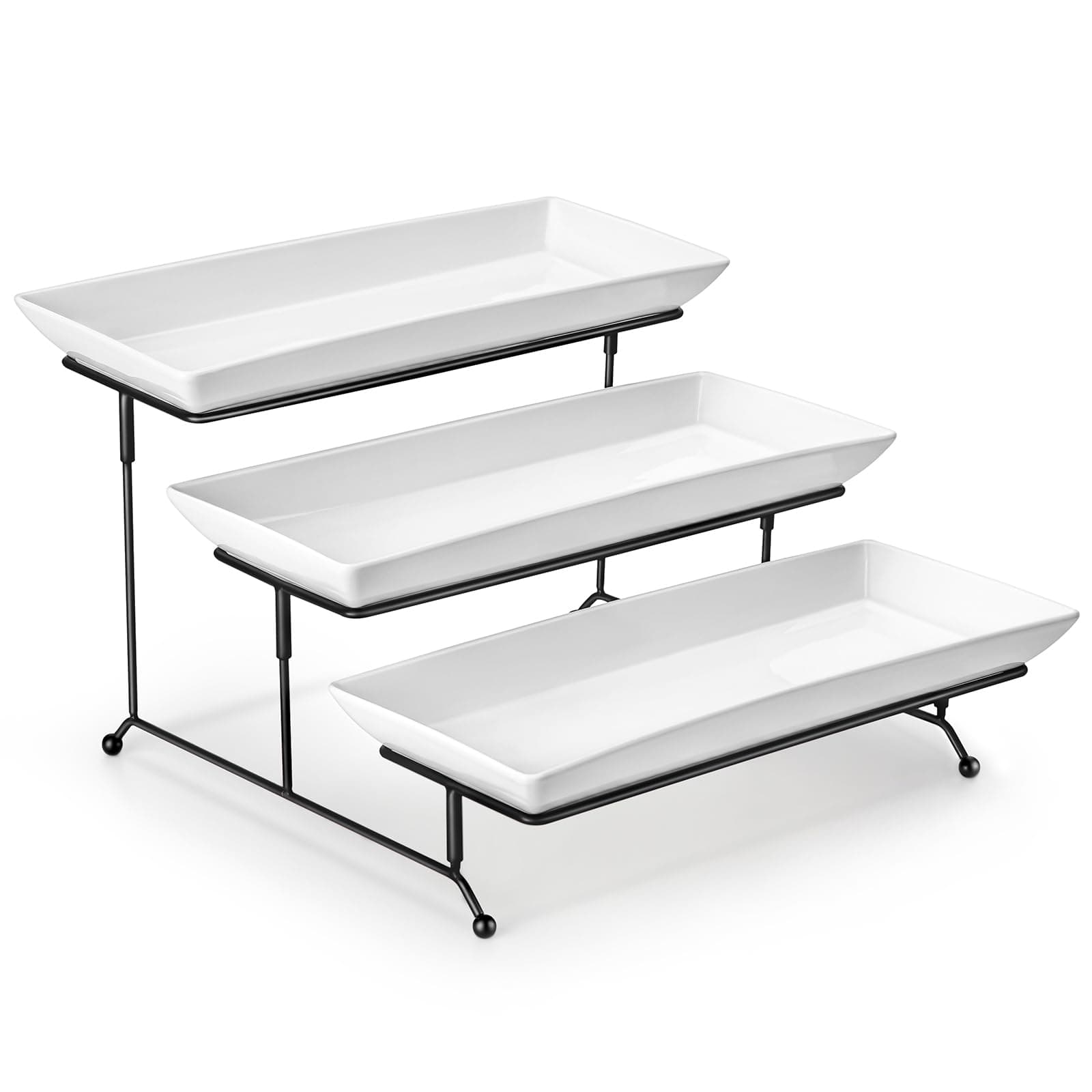 MALACASA 3 Tier Serving Tray, Porcelain Tiered Cupcake Stand, Ceramic Elevated Serving Platter with Collapsible Sturdier Rack,Series PLAT (White, 14 Inch)