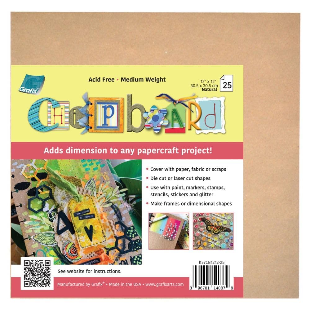 Medium Weight Chipboard – 12"x12", Natural Acid-Free 0.057” Sheets, Create Three-Dimensional Embellishments for Cards, Papercrafts, Mixed Media, Home Décor, and More, Pack of 25