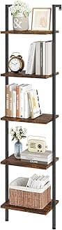 ELYKEN Ladder Shelf, 5-Tier Wood Wall Mounted Bookshelf with Metal Frame, Vintage Open Display Organizer Rack, Leaning Storage Shelves for Living Room, Bedroom, Home Office, Rustic Brown