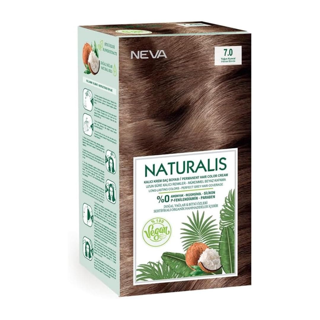 NEVA Naturalis Permanent Hair Dye Set, Vegan,100% Gray Coverage, Organic, No Harmful Chemicals, GMO-Free, Long-Lasting Shine - INTENSE BLONDE - 7.0