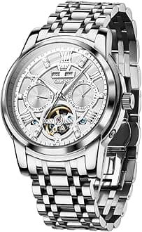 OLEVS Men's Watch Leather Skeleton Automatic Mechanical Tourbillon Calendar Moon Phase Luminous Waterproof Luxury Business Wristwatch