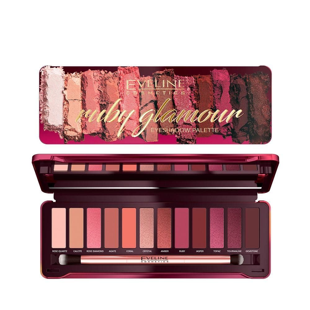 Eveline Cosmetics Ruby Glamour 12-Color Eyeshadow Palette - Inspired by Nature's Gemstones, 7 Matte & 5 Metallic Shades with Dual-Ended Brush for Unlimited Makeup Looks