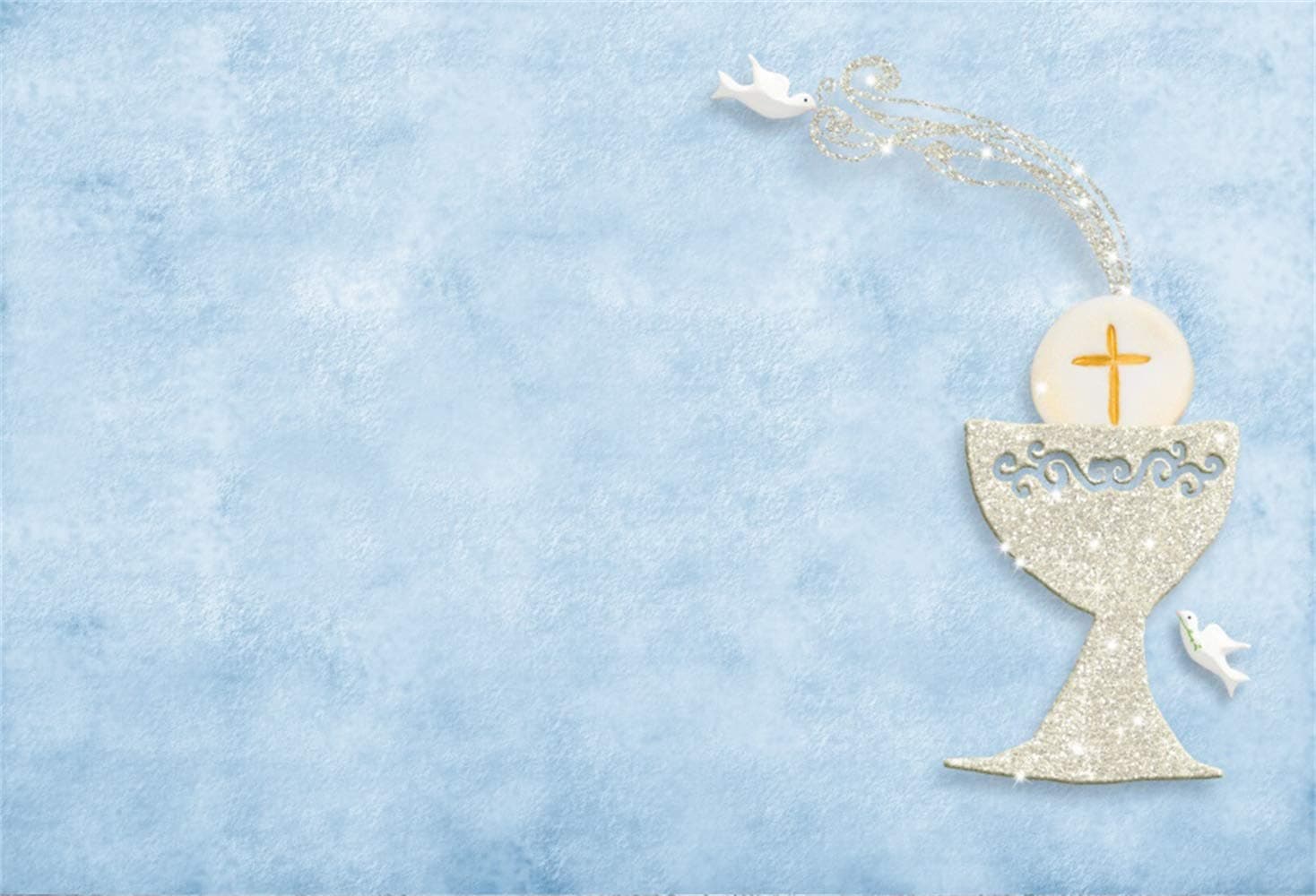 Leowefowa First Holy Communion Backdrop 7x5ft Silver Glitter Chalice Wafer Doves Holy Light Blurry Blue Vinyl Boy Baptism Banner Photography Background Communion Party Baby Eucharist Wallpaper