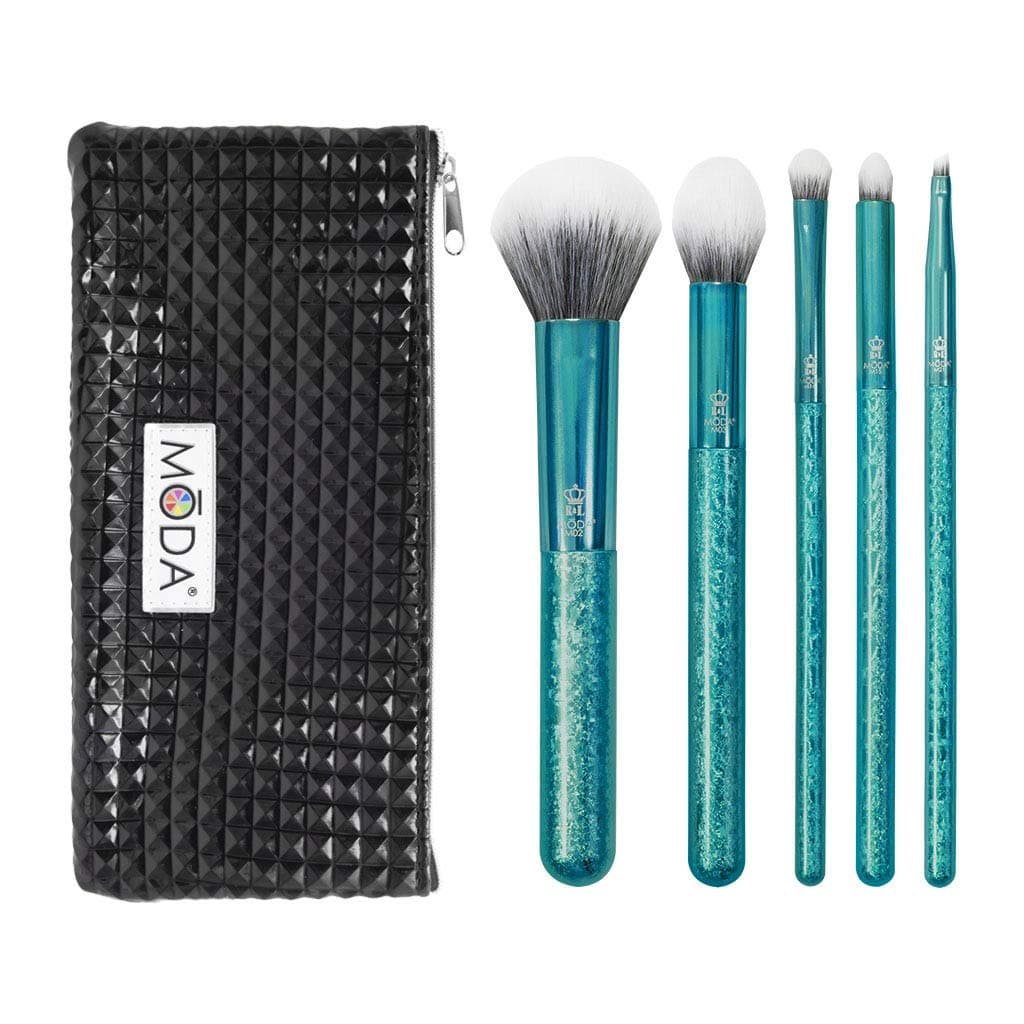 MODA Royal & Langnickel Full Size le 6pc Makeup Brush Set with Pouch Includes - Multi-Purpose Powder, Contour, Eye Shader, Smoky Eye, and Angle Liner, Emerald