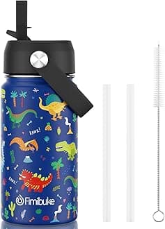 Fimibuke Kids Insulated Water Bottle - 14oz BPA-FREE 18/8 Stainless Steel Travel Tumbler Double Wall Vacuum Leak Proof Kids Cup with Straw Metal Bottle for School Boys Girls(1 Pack, BLUE DINOSAUR)