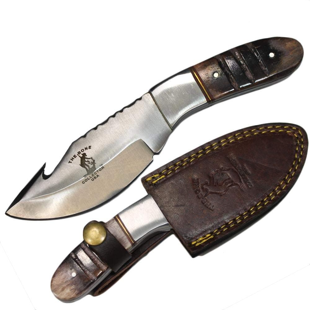 Bone Collector 7.5" inch Skinner BC 850 USA Fixed Blade Bone Handle Hunting Gut Hook Knife Leather Sheath