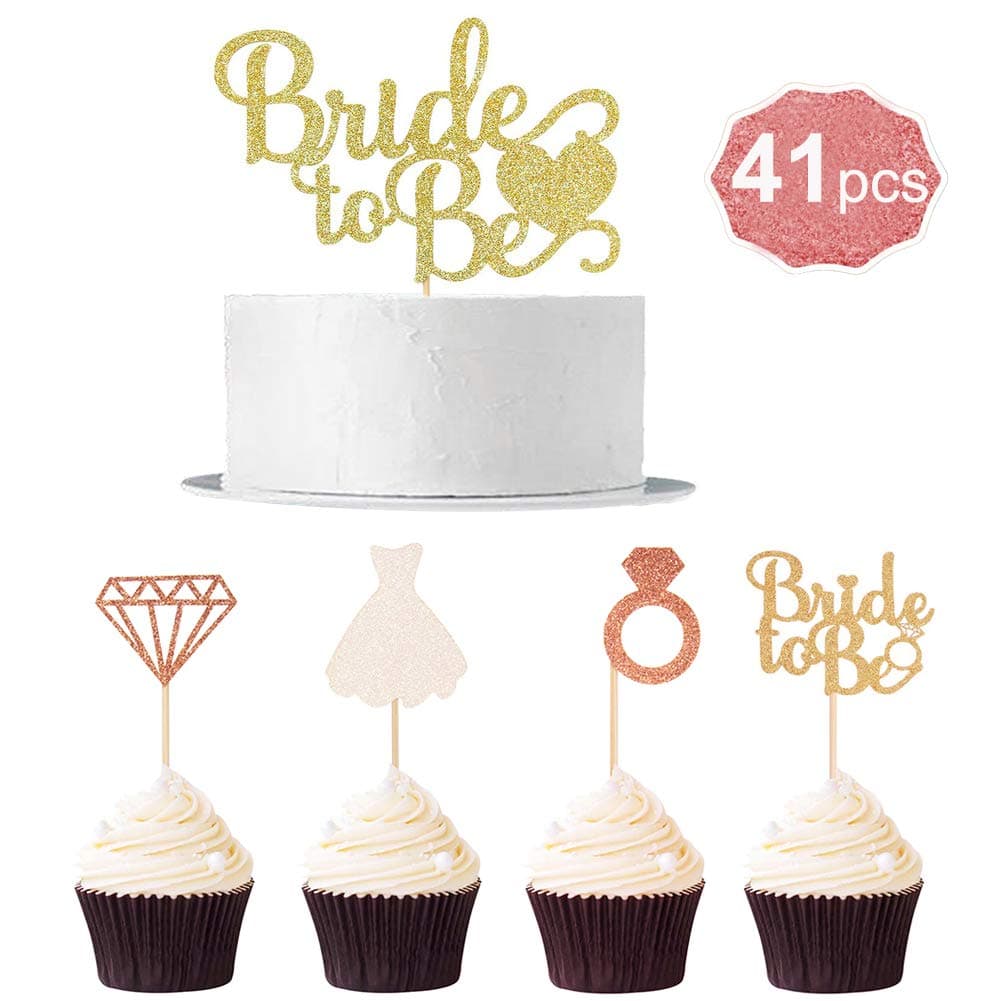Bride to Be Cupcake Topper Cake Topper Glitter for Wedding Bridal Shower Supplies Party Decorations with Diamond Ring (Pack of 41)