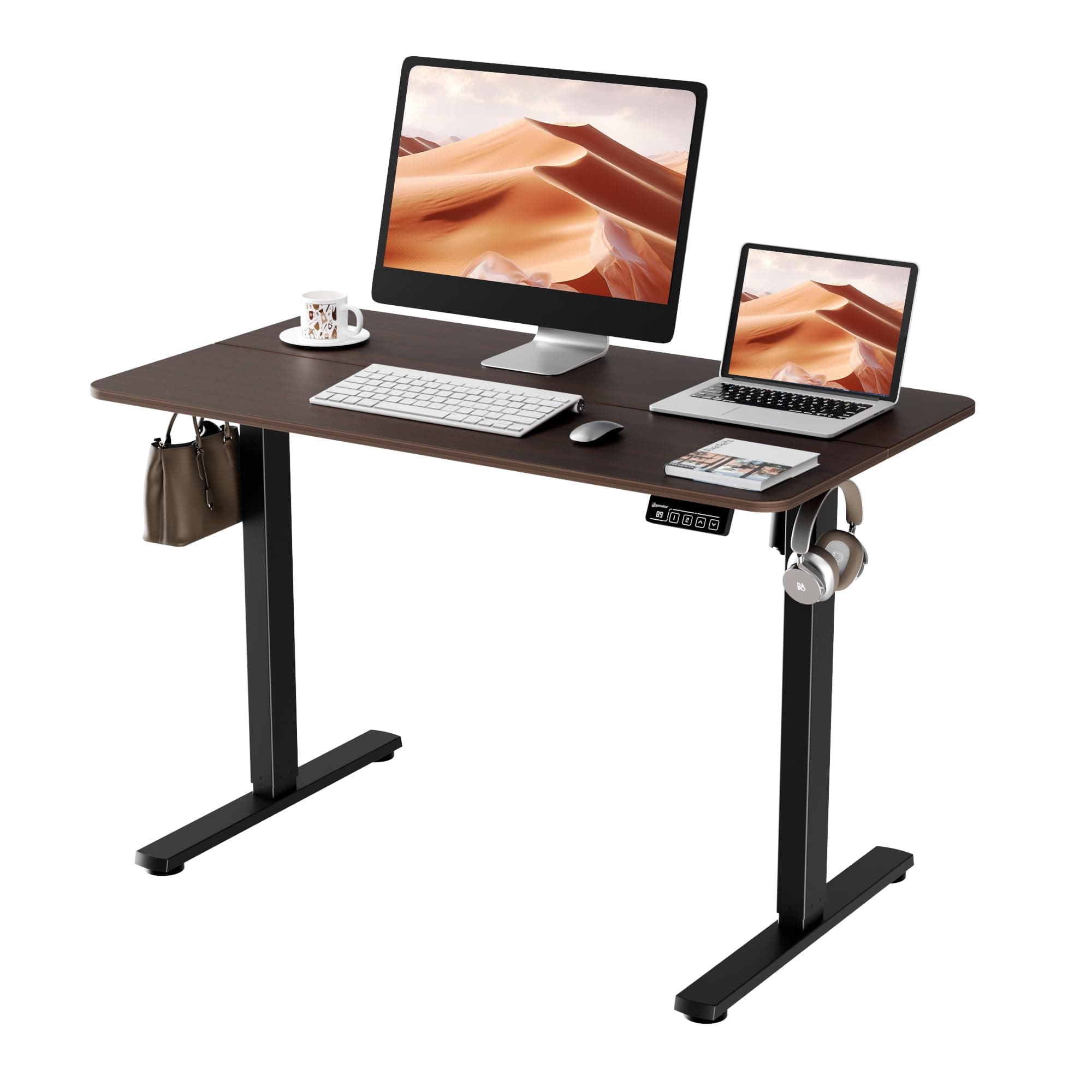Electric Standing Desk, 43.3" x 23.6" Height Adjustable Sit Stand Desk with Splice Board for Home Office, Computer Desk Memory Preset (Black Frame, Walnut Desktop)