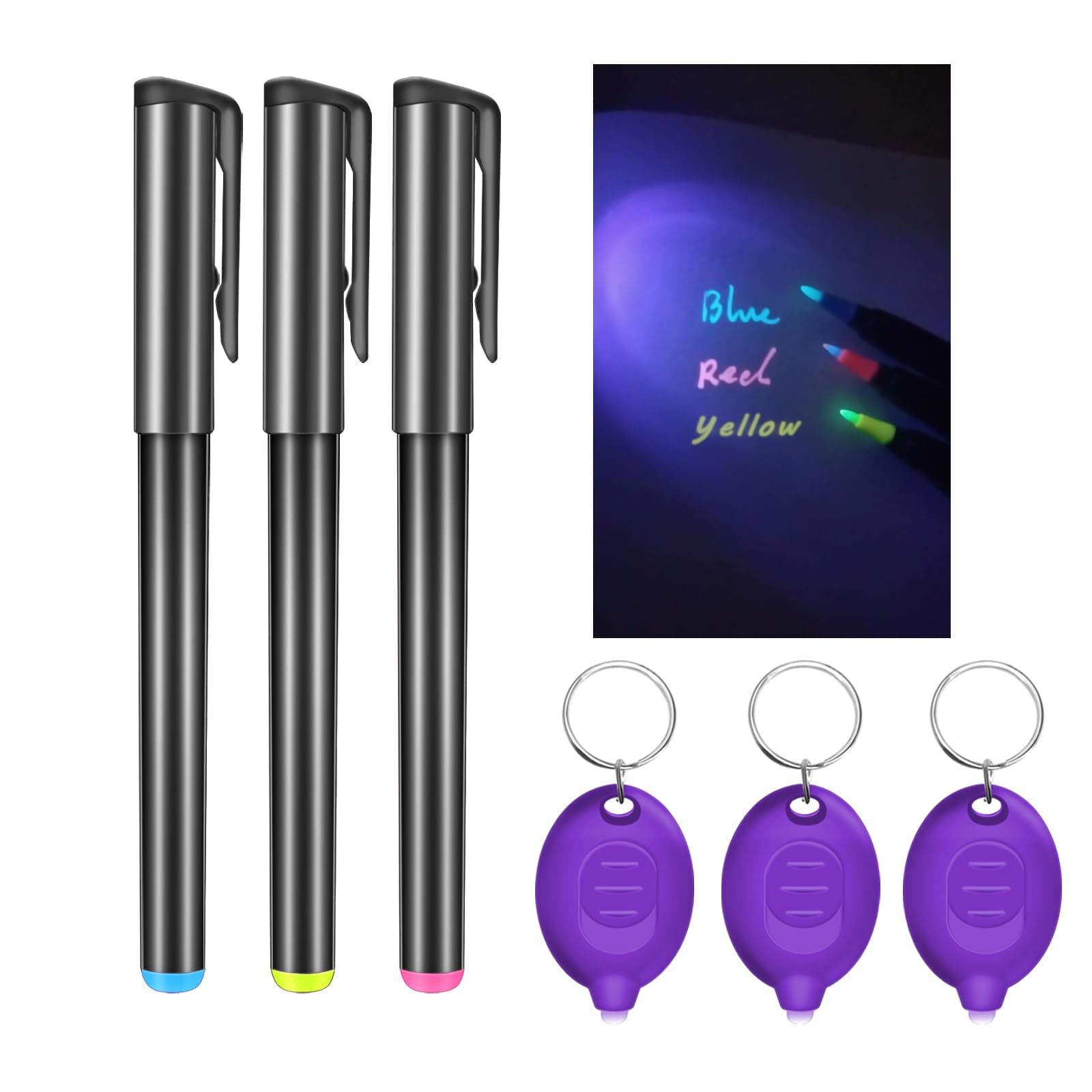 Invisible Ink Pen, Spy Pen with 3 PCS Mini UV LED Keychain Flashlight, Disappearing Ink Magic Pens with Black Light Markers for Secret Notes, Fit for Christmas Halloween Holiday Gifts (3 PCS)