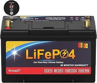 GROUP 27 Lithium-ion Car STAR-STOP Battery, 12.8V 80Ah 1300CCA LiFePO4 Automotive Battery For Car, Voltage button with charge and emergency start button 60 Months Warranty