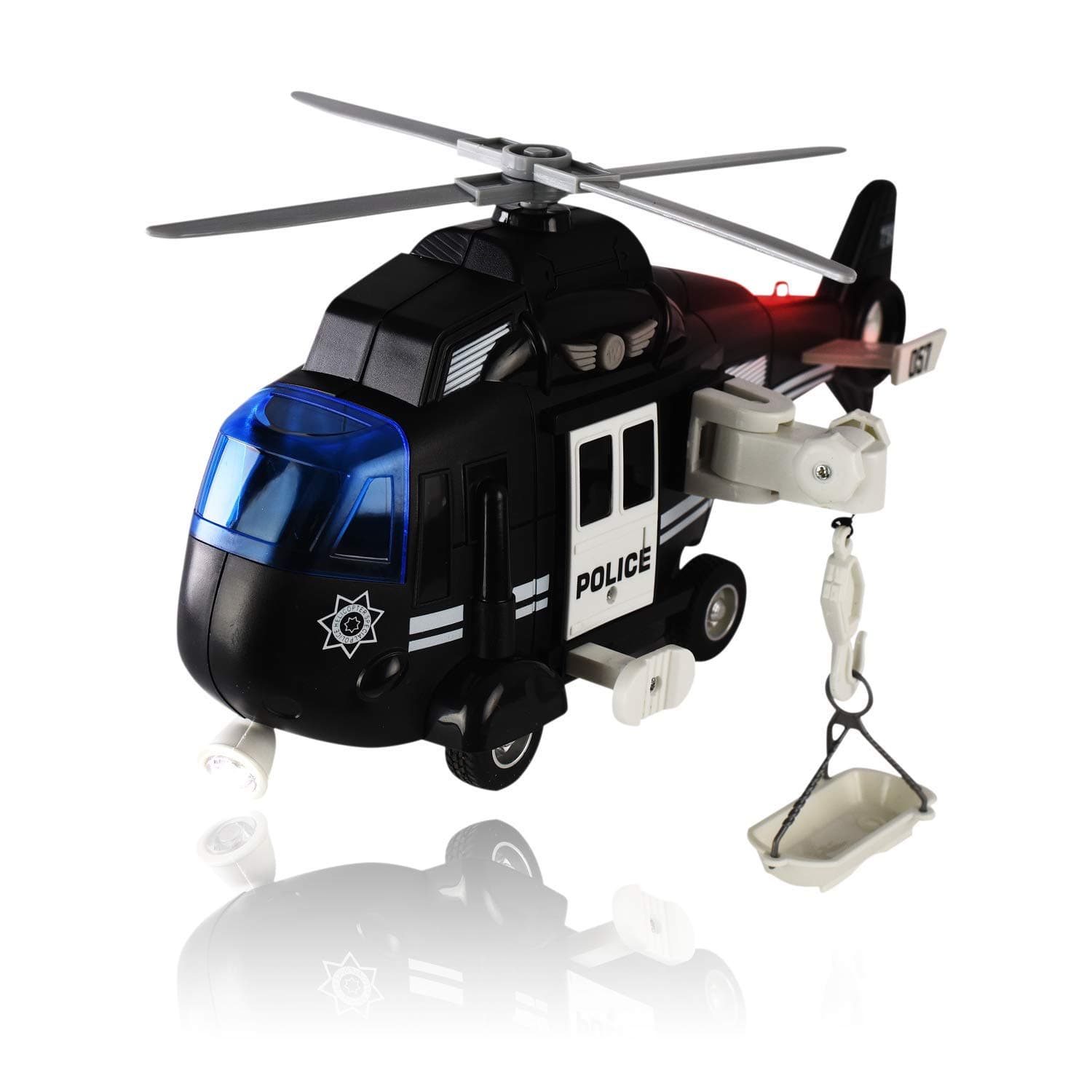 Police Helicopter - Solid Built Push & Go Chopper Toy with Lights & Sounds - Aids Hand-Eye Coordination for Kids Boys & Girls (Black)