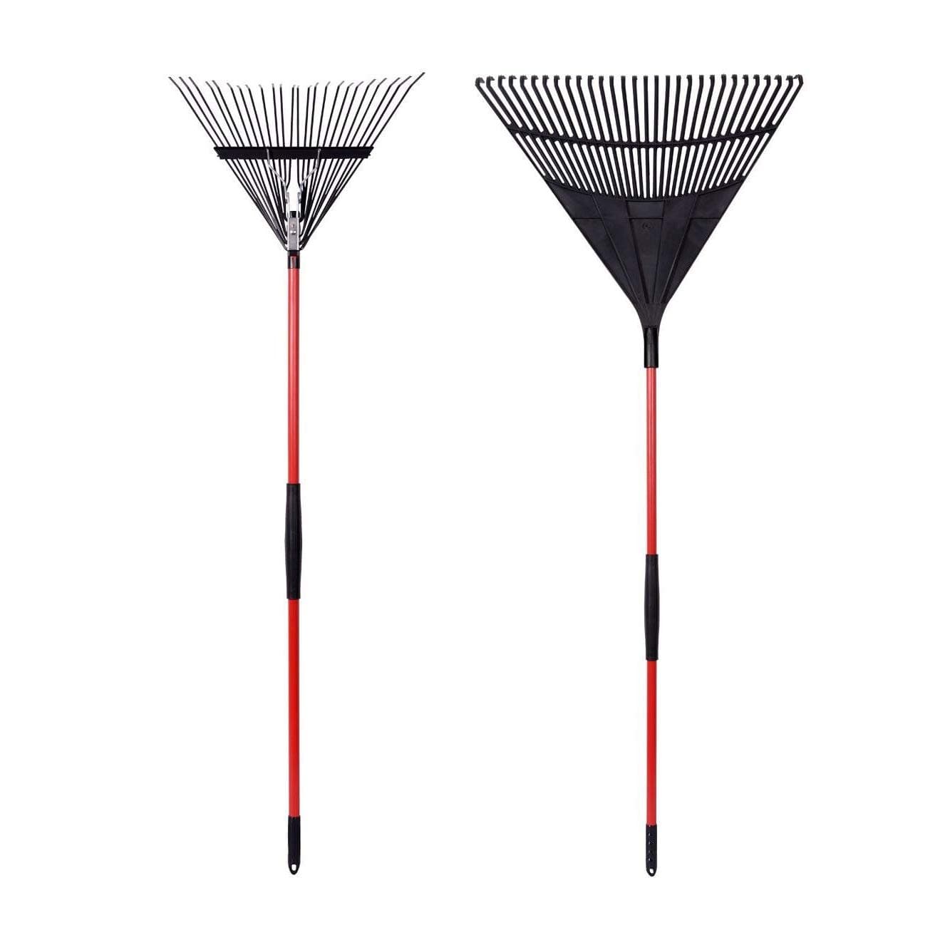 GardenAll 2-Piece Long Handle Raking Tool Set with 30 Tine Poly Leaf Rake,24 Teeth Steel Wire Leaf Rake, Adjustable Vinyl Coated Steel Tube Red Handles