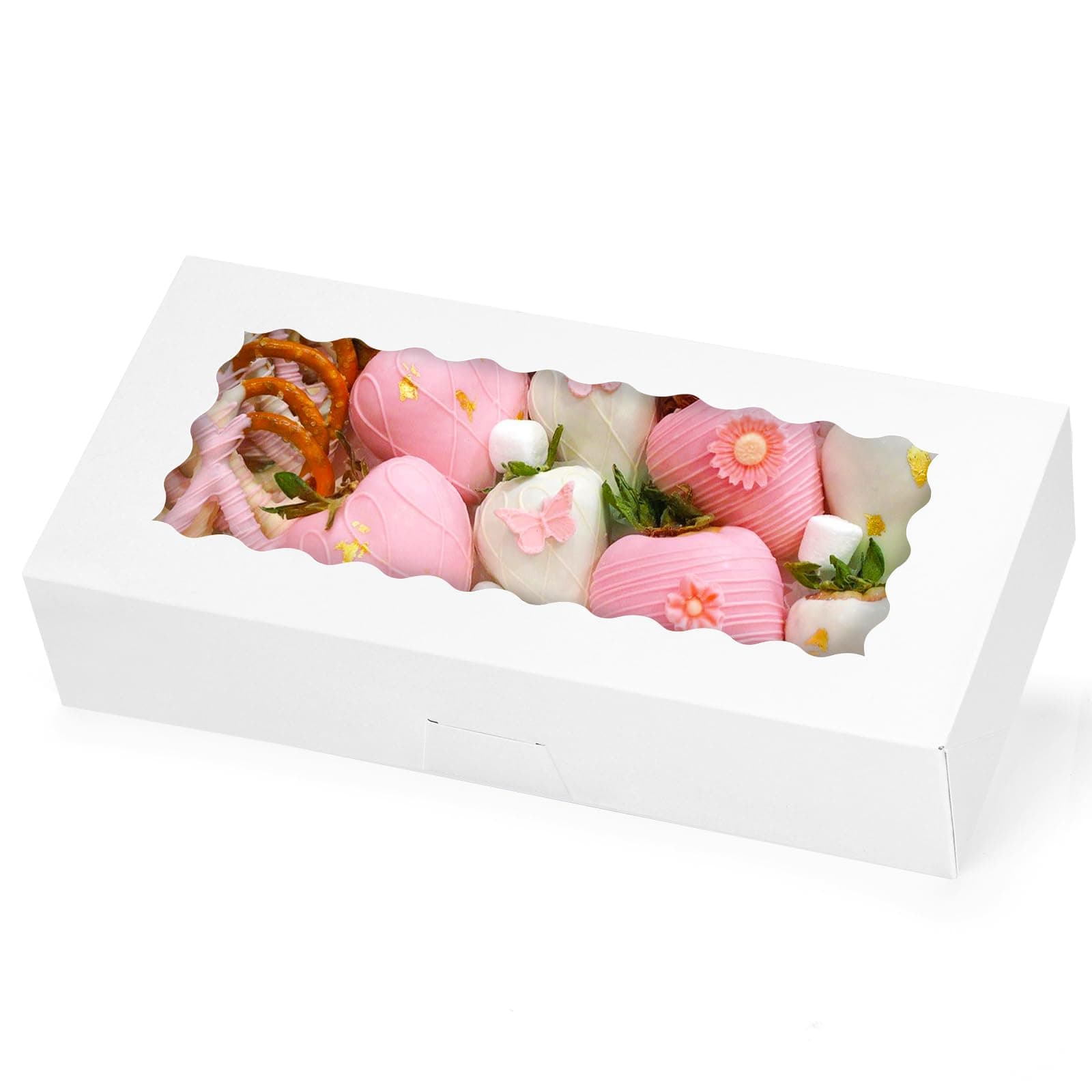 Moretoes 30pcs Cookie Boxes, 12x5.5x2.5 Inches White Bakery Box with Window for Treats, Chocolate Covered Strawberry, Donuts, Pastries, Cake Pop