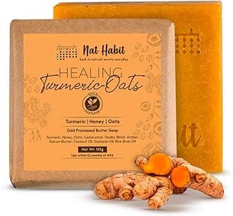 Nat Habit Turmeric Oats Bath Butter Soap | Ayurvedic Body Tan Removal for Women & Men | De-Tan, Anti Tan & Antibacterial Bar| Scar Reduction & Deep Cleansing | Handmade Haldi Soap | 125g