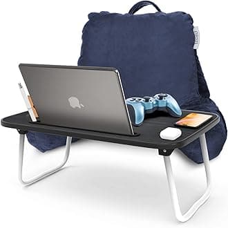 Nestl Reading Pillow with Portable Laptop Lap Desk - Shredded Memory Foam Back Support Pillow for Sitting Up in Bed and Couch Rest Pillows with Arms, Bed Tray Table with Foldable Legs, Navy
