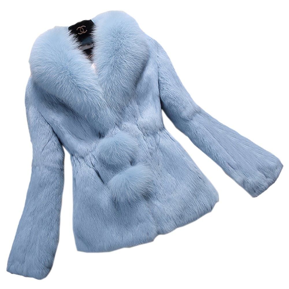 New Women's 100% Real Rabbit Fur Coat Jacket with Fox Collar